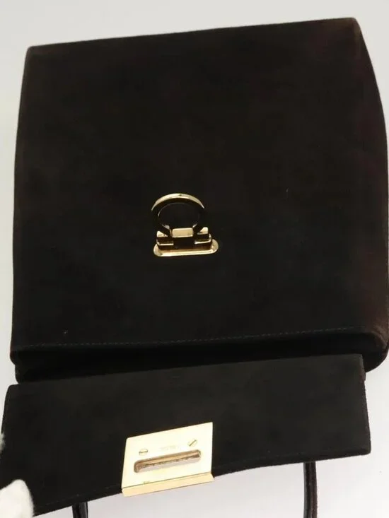 Salvatore Ferragamo Gancini Hand Bag Suede 2way Black Gold Auth BA2414 - Picture 11 of 16